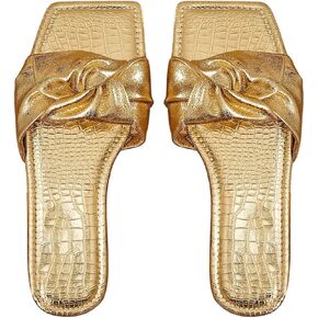 OYOANGLE Women's Metallic Sparkly Ruched Square Open Toe Side Sandals Ruched Single Band Flat Sandal