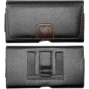 Leather Cellphone Holster for iPhone 12/13/14/15 Pro Max/Plus, LG K92, Galaxy A04S A13 S23 Plus, TCL 30V 30XE 30XL - Horizontal Case Waist Carrying Pouch with Belt Clip/Loops, Black