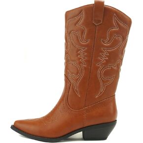 Soda RENO ~ Women Western Cowboy Stitched Pointe Toe Low Heel Ankle Mid Shaft Fashion Boots
