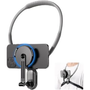 Magnetic Neck Mount for Phones, Neck Cell Phone Holder Stand for Vlog Video Recording Filming, Hands Free Phone Chest Mount for iPhone 15 14 13 12 Series Android Phones, Grey