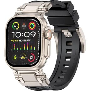 MOFREE Compatible with Apple Watch band for Apple Watch Ultra/Ultra 2 Band 49mm for Men 45mm/44mm/42mm iWatch Series 9/8/SE2/7/6/SE/5/4/3/2/1 Rugged TPU Sport Band with Stainless Steel Metal Connector