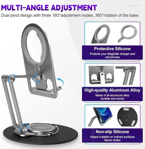 UCINNOVATE Cell Phone Stand for Desk, Adjustable Height and Angle Aluminum Charging Holder Dock for Magsafe Charger, Compatible with iPhone 15/14/13/12 Series[Charger Not Included] in Saudi Arabia
