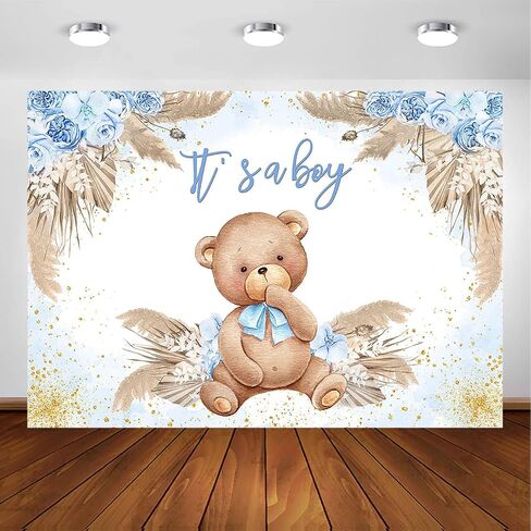 Avezano Boho Bear Baby Shower Backdrop for Boy's Party Decorations Blue Pampas Grass It's a Boy Baby Shower Photography Background Bohemian Bear Baby Shower Decorations Photoshoot (7x5ft) in Saudi Arabia