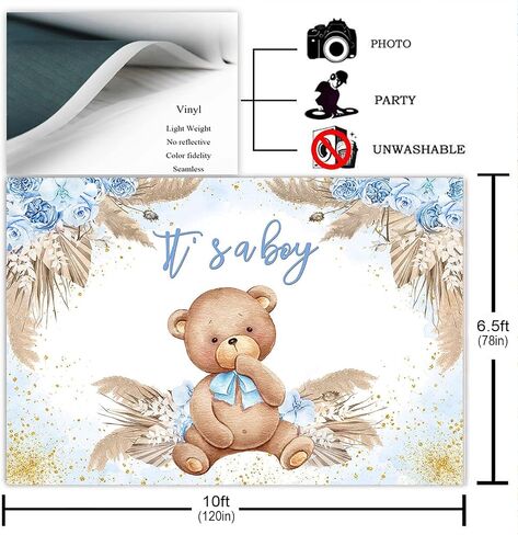Avezano Boho Bear Baby Shower Backdrop for Boy's Party Decorations Blue Pampas Grass It's a Boy Baby Shower Photography Background Bohemian Bear Baby Shower Decorations Photoshoot (7x5ft) in Saudi Arabia