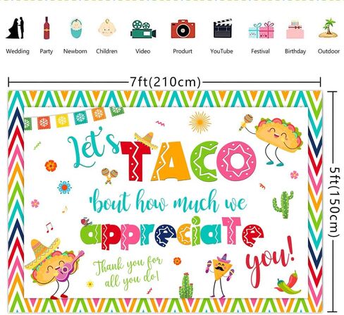 Lofaris 7x5ft Thank You for All You Do Backdrop Let's Taco Bout How Much We Appreciate You Background Thanks for Staff Employee Teachers Doctor Mexican Colored Stripes Photography Banner Supplies in Kuwait