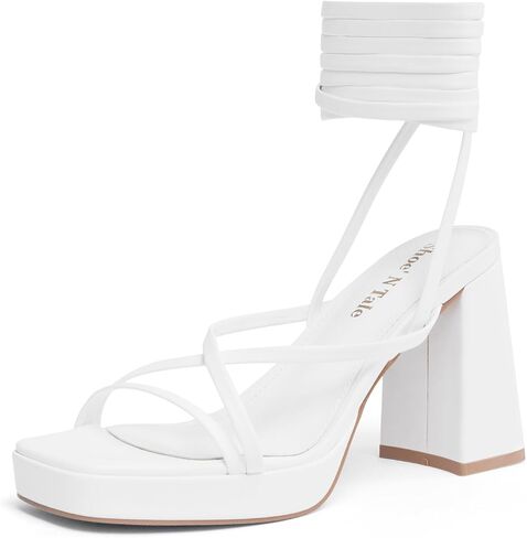 Shoe'N Tale كعب عالٍ أبيض للنساء بأشرطة متقاطعة وكعب مكتنز وكعب مربع عند الأصابع (8، أبيض) in Saudi Arabia