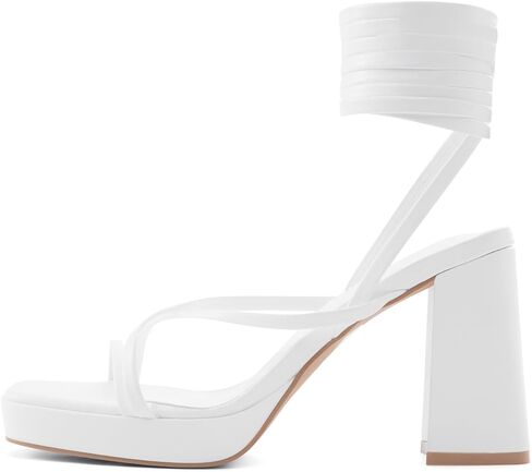 Shoe'N Tale كعب عالٍ أبيض للنساء بأشرطة متقاطعة وكعب مكتنز وكعب مربع عند الأصابع (8، أبيض) in Saudi Arabia