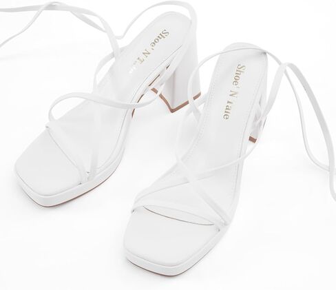 Shoe'N Tale كعب عالٍ أبيض للنساء بأشرطة متقاطعة وكعب مكتنز وكعب مربع عند الأصابع (8، أبيض) in Saudi Arabia