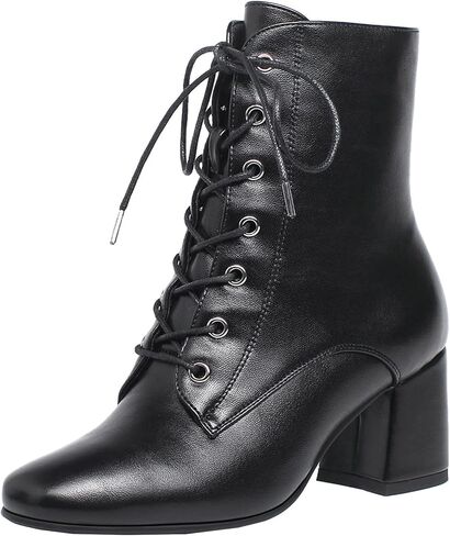 حذاء نسائي من COOLLULU بكعب عالٍ مكتنز ومقدمة مربعة حذاء من الجلد برباط وسحاب جانبي حذاء أنيق عتيق in Kuwait