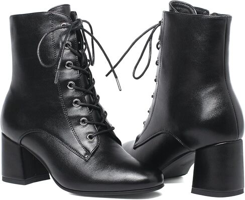 حذاء نسائي من COOLLULU بكعب عالٍ مكتنز ومقدمة مربعة حذاء من الجلد برباط وسحاب جانبي حذاء أنيق عتيق in Kuwait