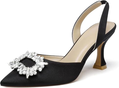Susanny Women's Black Heels Wedding Shoes,Slingback Pointed Toe Rhinestones Suede High Heel Sandals for Ladies in Kuwait