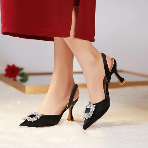 Susanny Women's Black Heels Wedding Shoes,Slingback Pointed Toe Rhinestones Suede High Heel Sandals for Ladies in Kuwait