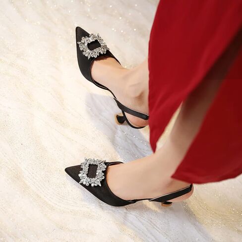 Susanny Women's Black Heels Wedding Shoes,Slingback Pointed Toe Rhinestones Suede High Heel Sandals for Ladies in Kuwait