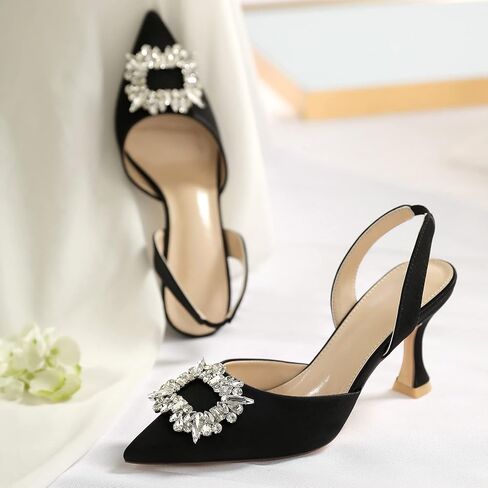 Susanny Women's Black Heels Wedding Shoes,Slingback Pointed Toe Rhinestones Suede High Heel Sandals for Ladies in Kuwait