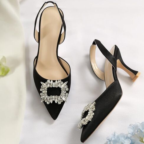 Susanny Women's Black Heels Wedding Shoes,Slingback Pointed Toe Rhinestones Suede High Heel Sandals for Ladies in Kuwait