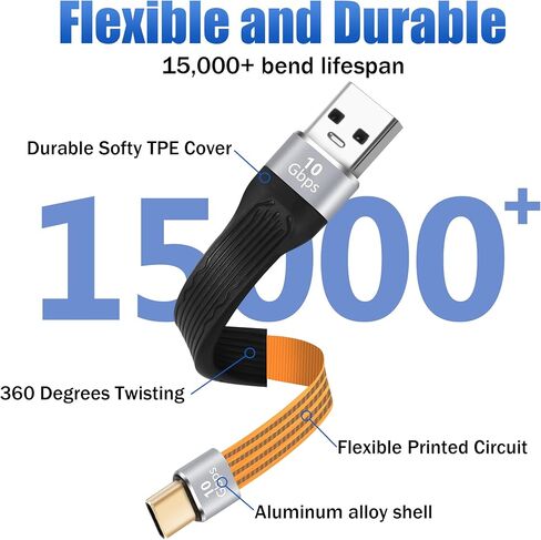 كابل USB C مسطح قصير بطول 0.4 قدم، كابل شحن USB-A إلى USB-C، يدعم مزامنة البيانات بسرعة 10 جيجابت في الثانية، شحن سريع 3A، تصميم FPC، لبنك الطاقة، سلسلة iPhone 15، MacBook Pro، Galaxy 23، OnePlus 8T LG V40 in Saudi Arabia