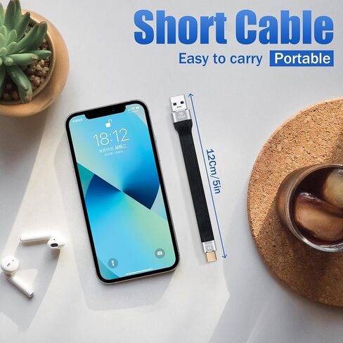 كابل USB C مسطح قصير بطول 0.4 قدم، كابل شحن USB-A إلى USB-C، يدعم مزامنة البيانات بسرعة 10 جيجابت في الثانية، شحن سريع 3A، تصميم FPC، لبنك الطاقة، سلسلة iPhone 15، MacBook Pro، Galaxy 23، OnePlus 8T LG V40 in Saudi Arabia