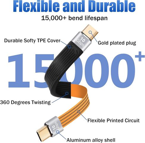 كابل USB C مسطح قصير بطول 0.4 قدم، كابل شحن USB-A إلى USB-C، يدعم مزامنة البيانات بسرعة 10 جيجابت في الثانية، شحن سريع 3A، تصميم FPC، لبنك الطاقة، سلسلة iPhone 15، MacBook Pro، Galaxy 23، OnePlus 8T LG V40 in Saudi Arabia