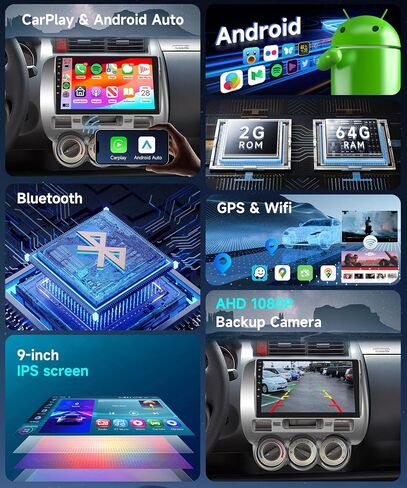 [2G+64G] لراديو Honda Fit 2004-2010 9 بوصة ستيريو سيارة أندرويد مع CarPlay لاسلكي Android Auto 32EQ 1080P شاشة لمس سيارة مع راديو FM DSP بلوتوث واي فاي GPS مرآة رابط كاميرا احتياطية ميكروفون in Saudi Arabia