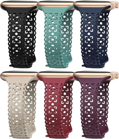 6 Pack Lace Cute Silicone Band Compatible with Apple Watch Bands 38mm 40mm 41mm 42mm 44mm 45mm 46mm 49mm Women,Slim Engraved Floral Sport Strap for iWatch Bands Ultra SE Series 10 9 8 7 6 5 4 3 2 1 in Saudi Arabia