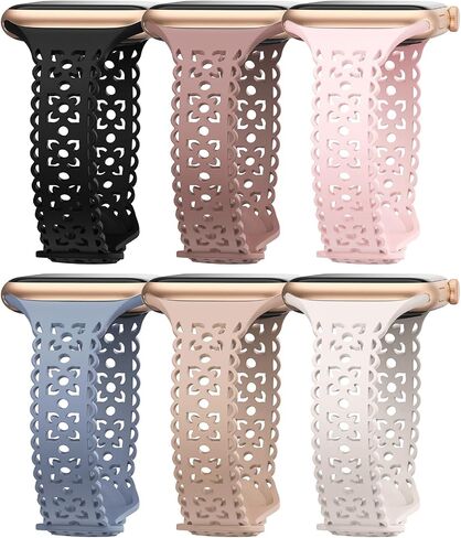 6 Pack Lace Cute Silicone Band Compatible with Apple Watch Bands 38mm 40mm 41mm 42mm 44mm 45mm 46mm 49mm Women,Slim Engraved Floral Sport Strap for iWatch Bands Ultra SE Series 10 9 8 7 6 5 4 3 2 1 in Saudi Arabia