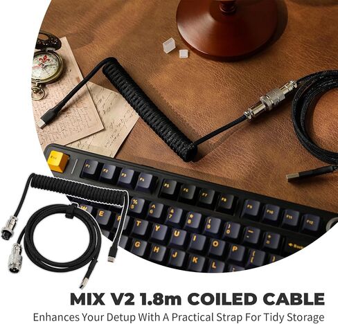 كابل لوحة مفاتيح ملفوف EPOMAKER Mix V2 بطول 1.8 متر، كابل USB C إلى USB A مزدوج الأكمام للوحة مفاتيح الألعاب الميكانيكية، مع طيار معدني قابل للفصل للوحة المفاتيح المخصصة (أسود) in Saudi Arabia