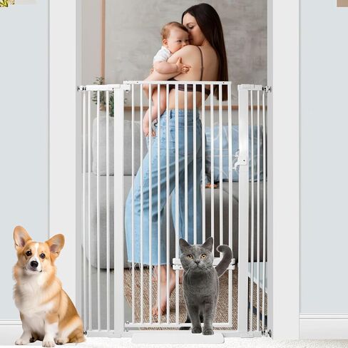 Extra Tall 55 inch Baby Gate with Cat Door, Adjustable 29.5"and 46.06" Wide Cat Dog Gate Pet Gate Easy Walk Thru Pet Door for Stairs Doorway, Pressure Mounted Safety Child Gate (55*46inch) in Saudi Arabia