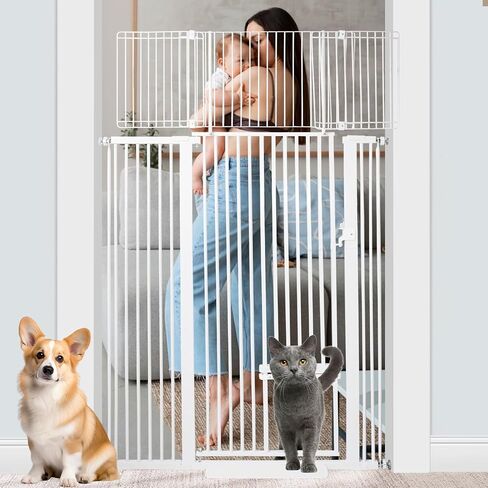 Extra Tall 55 inch Baby Gate with Cat Door, Adjustable 29.5"and 46.06" Wide Cat Dog Gate Pet Gate Easy Walk Thru Pet Door for Stairs Doorway, Pressure Mounted Safety Child Gate (55*46inch) in Saudi Arabia