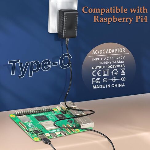 مصدر طاقة PChero 20W 5V 4A، محول طاقة من النوع C شاحن من النوع C متوافق مع Raspberry Pi 4 Model B 8GB/4GB/2GB/1GB/Orange Pi 5 & 5B/NASPi/DACPi/X-C1/X735/X728/X708/X703 in Kuwait