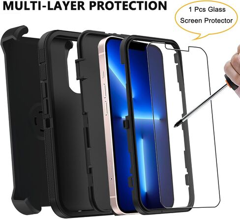 Annymall for iPhone 13 Pro Max 6.7" Case with [Belt Clip Holster] [Glass Screen Protector], 3-Layer Shockproof Rugged Protection Heavy Duty Full Body Phone Cover for Apple iPhone 13 Pro Max (Black) in Saudi Arabia