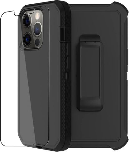 Annymall for iPhone 13 Pro Max 6.7" Case with [Belt Clip Holster] [Glass Screen Protector], 3-Layer Shockproof Rugged Protection Heavy Duty Full Body Phone Cover for Apple iPhone 13 Pro Max (Black) in Saudi Arabia