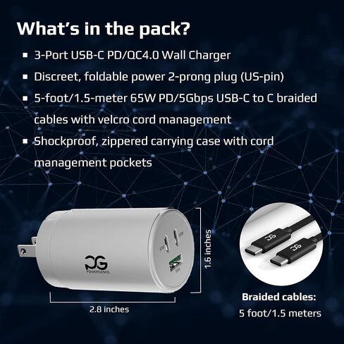 شاحن حائط Go Ultra-Portable 65W 3-Port USB-C وUSB-A مع تقنية GaN - محول محمول وقابل للطي لأجهزة الكمبيوتر المحمولة وThinkpads وMacbooks وiPhone وSamsung Galaxy وGoogle Pixel in Saudi Arabia