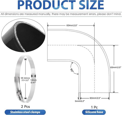 Glarks 90 Degree Elbow Silicone Hose, 2inch(51mm) ID 5.2inch(133mm) Length 4-Ply Reinforced High Performance Silicone Hose with 2Pcs 46-70MM Stainless Steel T-Bolt Clamp in Saudi Arabia