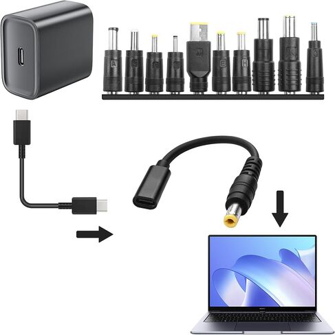 YAODHAOD USB to DC Adapters Cable, Type-C Female to DC PD 65W Power Charging Cable, Barrel PD Trigger Cable (4.9ft) with 10 Connector Power Plug Kit fit for Laptop (16cm) in Kuwait