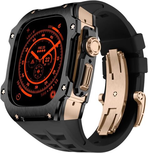 Stainless Steel Case Fluororubber Black Band Mod Kit Compatible with Apple Watch 49 mm, Replacement Case Bezel Back Cover with Stainless Steel Folding Buckle for iWatch Series Ultra/Ultra 2 in Saudi Arabia