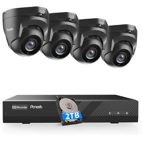 PANOOB 8 Channel Security Camera System PoE, 8X 5MP Wired IP Dome Turret Camera with AI Human Detection, 2.8mm Lens, Built-in Mic, Remote Access & Playback, 4K 8CH PoE NVR 2TB HDD, PD94BA30808-5M