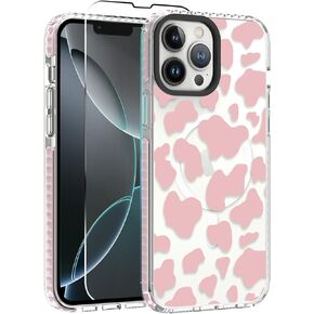 OOK Magnetic Case for iPhone 16 Case Cute Cow Print [Compatible with MagSafe] Camera Protective Slim Phone Cover for Women Girls with [Screen Protector]-Pink