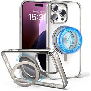 pcgaga Magnetic Phone Case for iPhone 16 Pro Max [Compatible with MagSafe] [Not Yellowing] [Built-in Invisible Ring Stand] Protective Clear Cover Slim Silver Frame Shockproof 6.9" 2024, Silver Plated