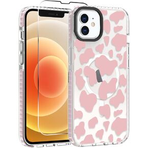 OOK Magnetic Case for iPhone 16 Case Cute Cow Print [Compatible with MagSafe] Camera Protective Slim Phone Cover for Women Girls with [Screen Protector]-Pink