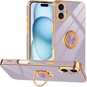 حافظة Tnarru مصممة لهاتف iPhone 16 Plus مع حامل حلقة مغناطيسية، غطاء TPU مطلي بالكهرباء بمسند قابل للدوران 360 درجة يدعم حامل مغناطيسي للسيارة لهاتف iPhone 16 Plus أرجواني