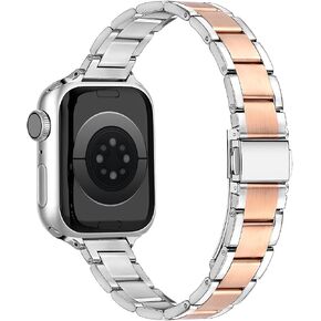 Slim Designer Stainless Steel Band Compatible with Apple Watch Bands for Women 44mm 40mm 45mm 41mm 38mm 42mm 46mm, Dressy Wristband for Apple Watch Series 10 9 8 7 6 5 4 3 2 1 SE (Silver)