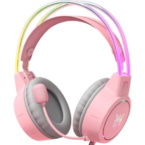 Lightweight Gaming Headsets with Deer Ears, Gradient RGB Light, Wired Over-Ear Headphones for PC/PS4/PS5/XBOX/Switch,Surround Sound & Noise Cancelling Mic, Auto-Adjust Headband, Pink