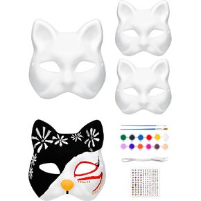 Yinhua Cat Mask 3PCS Therian Mask DIY White Cat Mask Therian, Cat Mask to Paint for All Age Kid for Activity Animal Half Mask Masquerade Cosplay Party