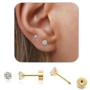 3Pairs Stud Earrings Set, Flat Back Earrings for Women 14K Gold Hypoallergenic Cartilage Earring 3/4/5mm CZ Cubic Zirconia Earrings Stud for Tragus Cartilage Earlobe Piercing Jewelry Women Girls Gift