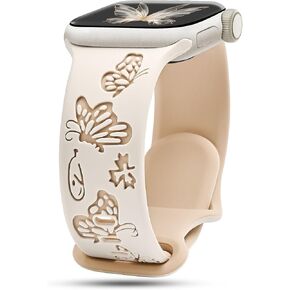 Butterfly Engraved Bands Compatible with Apple Watch Band 40mm 41mm 38mm for Women, Two-Tone Silicone Soft Sport Strap for iWatch Bands Series 10 9 8 7 SE 6 5 4 3 2 1 Ultra