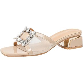 Women's Patent Leather Rhinestone Chunky Heel Sandals Fashion Square Open Toe Slip-on Low Block Heels Slide Sandals Comfortable Non-Slip Sexy Wedding Prom Party Slippers