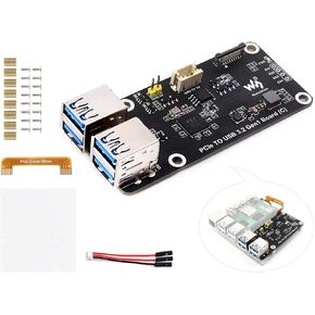 PCIe to 4-CH USB3.2 Gen1 Board for Raspberry Pi 5, Pi 5 PCIe Adapter Up to 5Gbps Transmission Speed, No Driver Required, Plug and Play, Two Power Supply Methods, Side-Mounting to Raspberry Pi 5