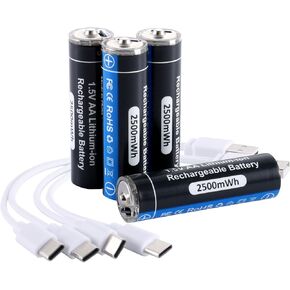 USB Rechargeable AAA Batteries, Lithium Ion 1.5v 800mAh USB Batteries, 0.5h Fully Charging, Over 800 Cycles, 2 * 2-in-1 USB-C Charging Cables, LED Charging Indicator, 4 Packs
