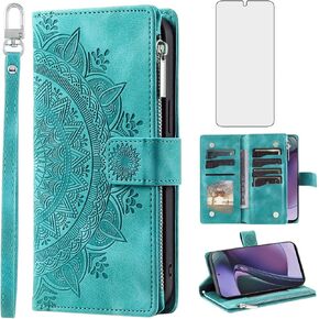 Phone Case for Motorola Moto G Stylus 5G 2023 Wallet Cover with Screen Protector and Wrist Strap Mandala Flower Flip Zipper Credit Card Holder Slot Stand Cell GStylus G5 XT2317DL Women Men Green
