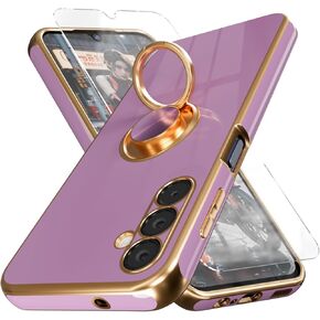 ﻿for Galaxy A14 5G Phone Case,+Screen Protector,with Magnetic Kickstand,Built-in 360° Rotation Ring Holder,Plating Gold Edge Slim Soft TPU Shockproof Protective Case for Samsung Galaxy A14 5G, Purple